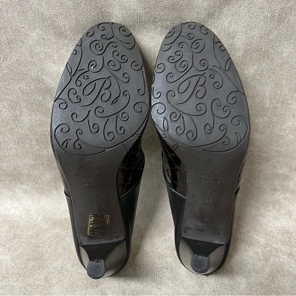 Brighton BEAU Bronze Patent Leather Croc Shoes Mules Heels Sz 4
